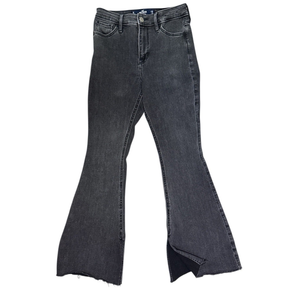 Hollister High Rise‎ Flare Jeans Womens 1S W25 L27 Black Soft Stretch Split Hem